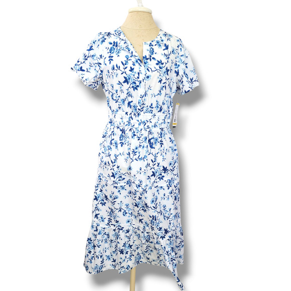 French Connection NWT Cotton Maxi Dress white blue floral M Tiered  Sundress - Picture 1 of 11